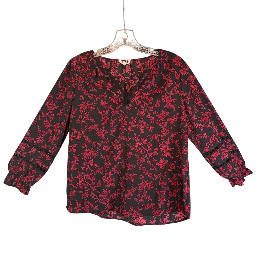 West K Womens Small Blouse Black Red‎ Vamp Whimsigoth Floral Long Sleeve